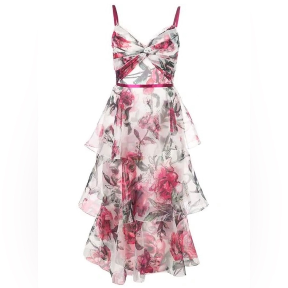 Marchesa Notte tiered twist-front floral-print organza dress New With Tags